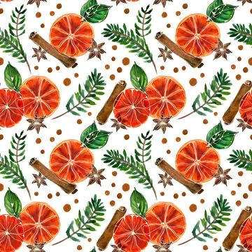 Christmas watercolor seamless pattern with ale and oranges Stock Illustration