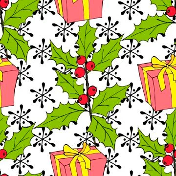Christmas watercolor seamless pattern with Christmas toys, gifts and snowflakes Stock Illustration