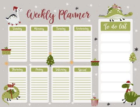 Christmas weekly planner page template with cute dinosaurs in cartoon style Stock Illustration