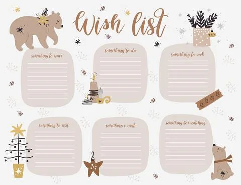 Christmas weekly planner page template, wish list with cute bears, twigs in c Stock Illustration