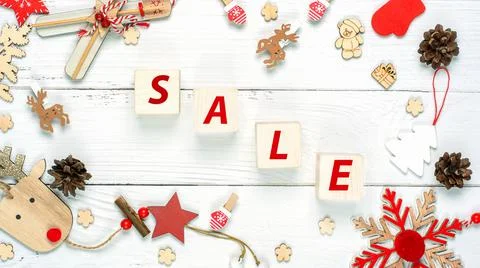 Christmas White composition made of Christmas decoration and text sale Stock Photos
