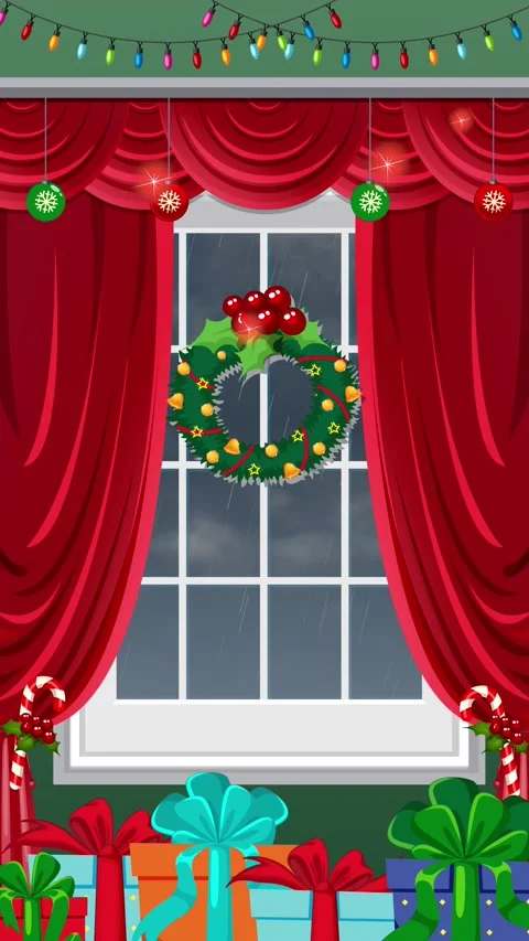Christmas Window Animation with Red Curtains Wreath and Falling Rain Loop Stock Footage 345294172