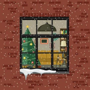 Christmas window in brick wall. Stock Illustration