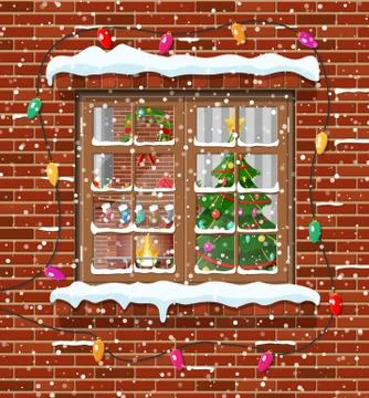 Christmas window in brick wall. Stock Illustration