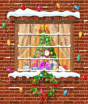 Christmas window in brick wall. Stock Illustration