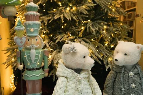Christmas Window Display with Nutcracker Figurine and Teddy Bears. 22 Novembe Stock Photos