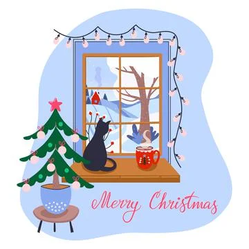 Christmas window with rural view Illustrazione stock