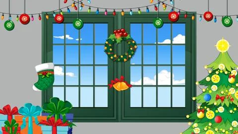 Christmas Window Scene with Decorated Tree and Gift Boxes Stock Illustration