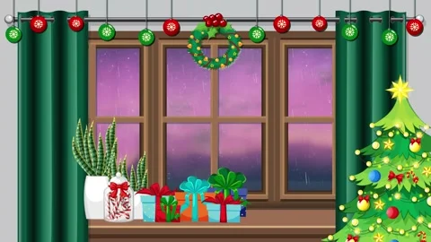 Christmas Window Scene with Falling Rain and Decorated Holiday Tree 스톡 동영상 345294140