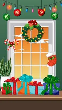 Christmas Window Scene with Gift Boxes and Festive Decorations イラスト素材