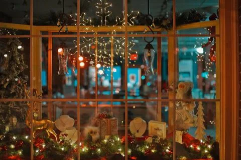 Christmas Window Store Front On A Dark Street During At Night In Dover NH Stock Photos