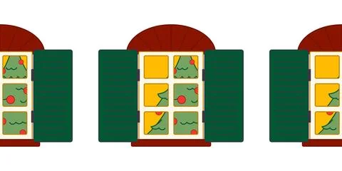 Christmas Window with Tree Seamless Border Stock Illustration