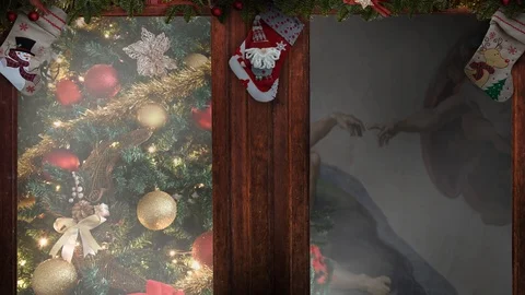 Christmas window,tree decorated and illuminated , flower Poinsettia red ,socks Stock Footage 118194791