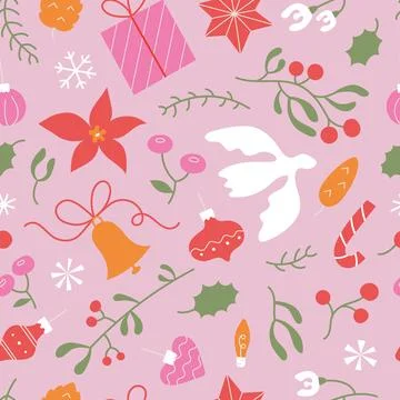 Christmas winter background of different hanging bell, ball, toy. Cute kawaii Stock Illustration