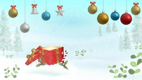 Christmas Winter Background with Magic Gift Box and Hanging Ornaments Stock Illustration