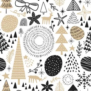 Christmas winter doodle pine tree seamless pattern Stock Illustration