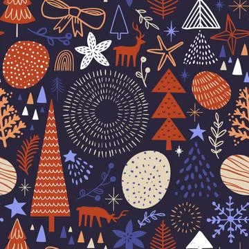 Christmas winter doodle pine tree seamless pattern Illustrazione stock