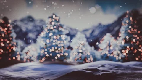 Christmas Winter Forest Background with Falling Snow, Twinkling Lights and .. Stock Footage 323295090