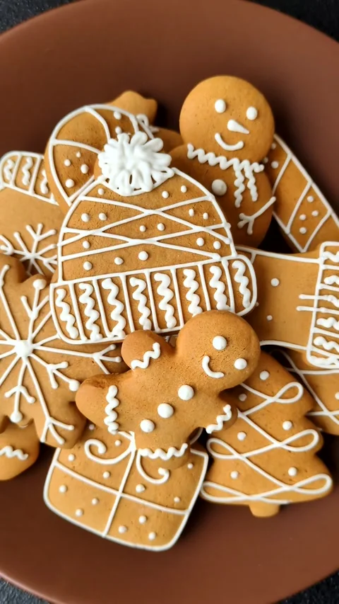Christmas winter gingerbread, holiday biscuits on monochrome background Stock Footage 308564317