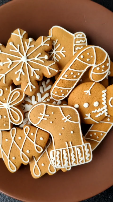 Christmas winter gingerbread, holiday biscuits on monochrome background Stock Footage 308564319