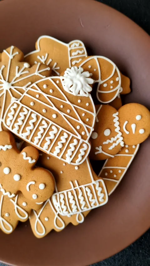 Christmas winter gingerbread, holiday biscuits on monochrome background Stock Footage 308564322
