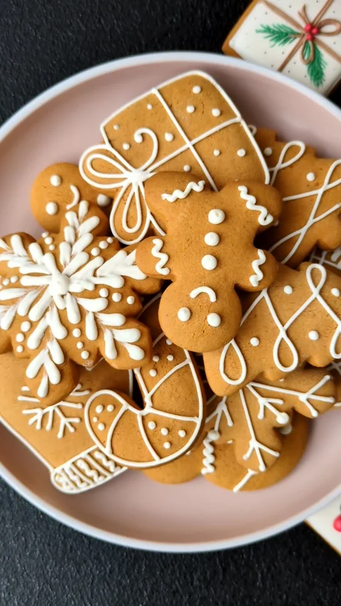 Christmas winter gingerbread, holiday biscuits on monochrome background Stock Footage 308564326