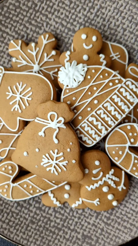 Christmas winter gingerbread, holiday biscuits on monochrome background Stock Footage 308564329