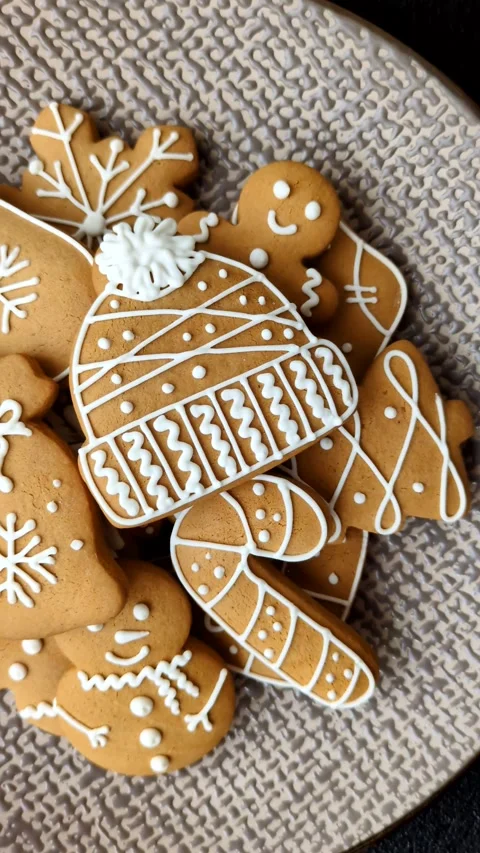 Christmas winter gingerbread, holiday biscuits on monochrome background Stock Footage 308564348
