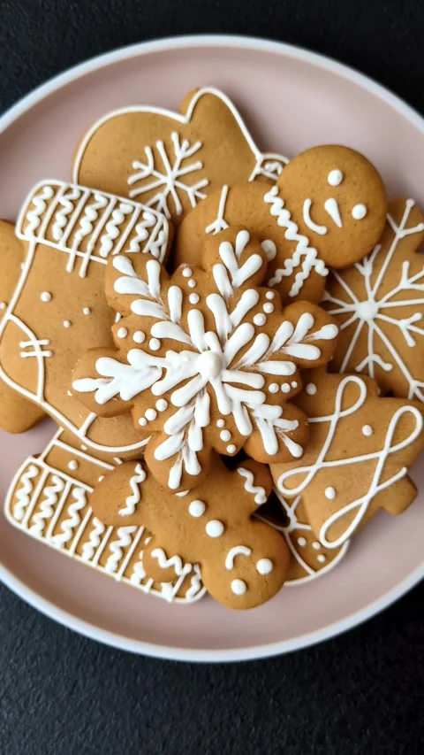 Christmas winter gingerbread, holiday biscuits on monochrome background Stock Footage 308564349