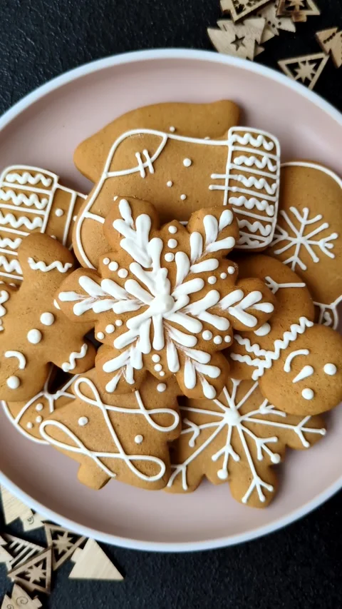 Christmas winter gingerbread, holiday biscuits on monochrome background Stock Footage 308564352