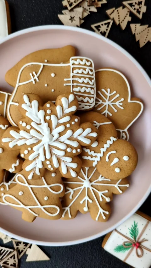 Christmas winter gingerbread, holiday biscuits on monochrome background Video stock 308564354