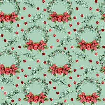 Christmas winter holidays seamless pattern red flower poinsettia, leaves, pin Stock Illustration