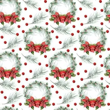 Christmas winter holidays seamless pattern with red flower poinsettia, leaves Stock Photos