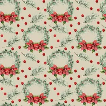 Christmas winter holidays seamless pattern red flower poinsettia, leaves, p.. Stock Photos