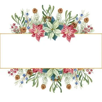 Christmas winter illustration. Rectangular frame with watercolor spruce twigs 스톡 일러스트
