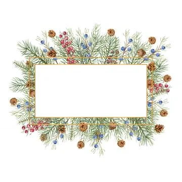 Christmas winter illustration. Rectangular frame with watercolor spruce twigs Stock Illustration