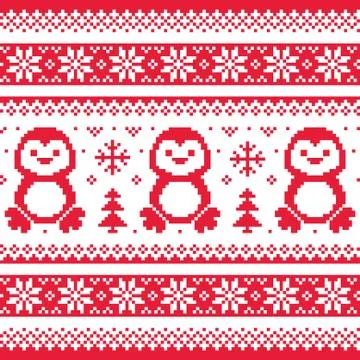 Christmas, winter knitted pattern with penguins - Scandinavian sweater style Stock Illustration