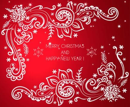 Christmas winter pattern drawn on red background. Use for postcards, greeting. Stock Illustration