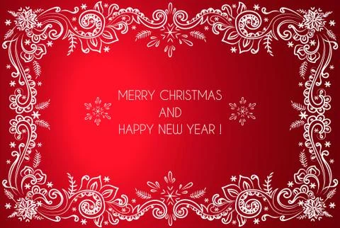 Christmas winter pattern drawn on red background. Use for postcards, greeting Stock Illustration