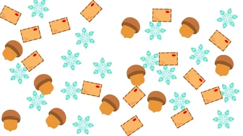 Christmas Winter Pattern with Snowflakes, Acorns, and Mail Envelopes on White Stock Footage 345539193