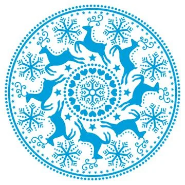 Christmas, winter round blue pattern with reindeer - folk art style Stock Illustration