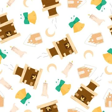Christmas winter seamless pattern with bells, gingerbread, crescent moon and Stock Illustration