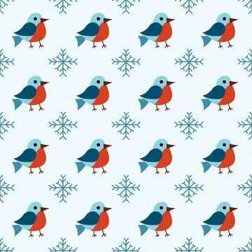 Christmas winter seamless pattern with cute birds bullfinches and snowflakes Stock Illustration