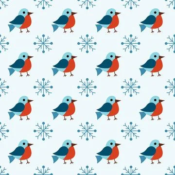 Christmas winter seamless pattern with cute birds bullfinches and snowflakes Stock Illustration