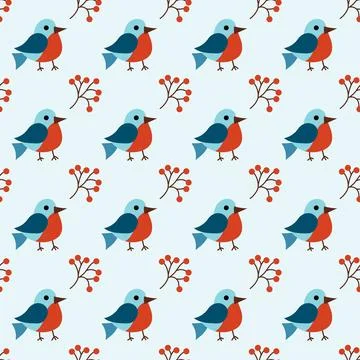 Christmas winter seamless pattern with cute birds bullfinches and rowan berries Stock Illustration