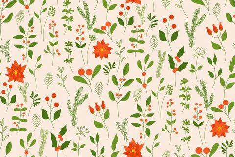 Christmas winter seamless pattern holly poinsettia mistletoe New Year paper Stock Illustration