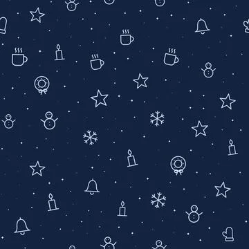 Christmas winter seamless pattern with line icons of snowmen, candles, hot cocoa Stock Illustration