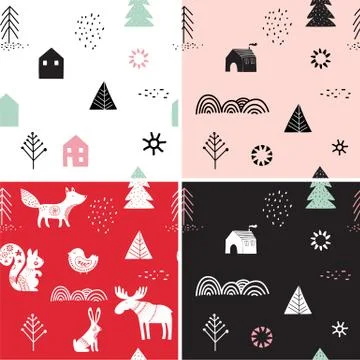 Christmas, winter seamless patterns set, hand drawn elements in Scandinavian  イラスト素材