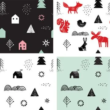 Christmas, winter seamless patterns set, hand drawn elements in Scandinavian  Stock Illustration