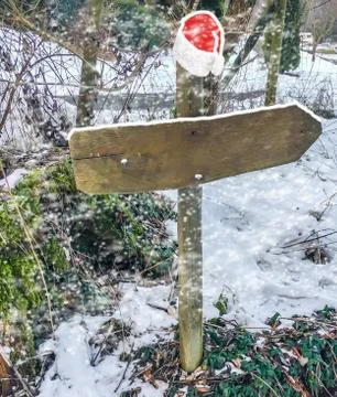 Christmas winter time empty direction sign post with no text on it covered in Stock Photos
